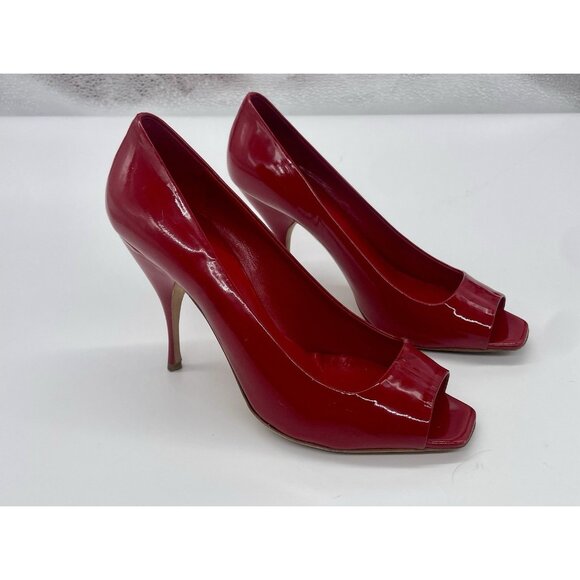 Miu Miu Red peep toe heels Sz 39.5 Patent leather Women's Shoes Party Cocktail - Picture 1 of 5